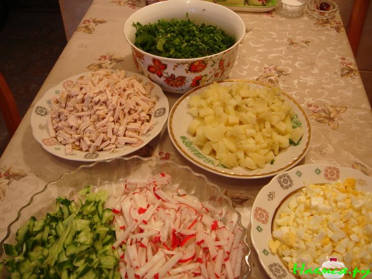 Окрошка на кефире с курицей и шпинатом