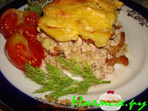 Картофель, запеченный с мясом и грибами