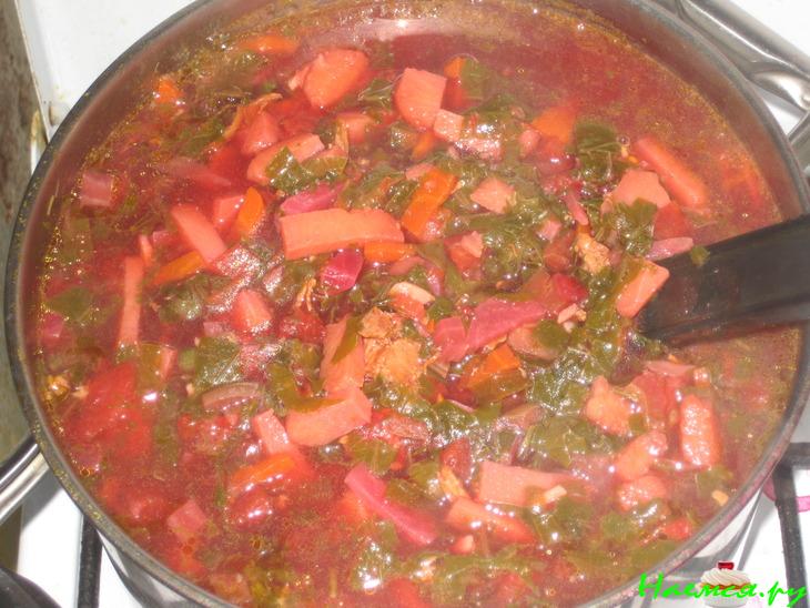 Борщец с зеленью, тушенкой и каперсами