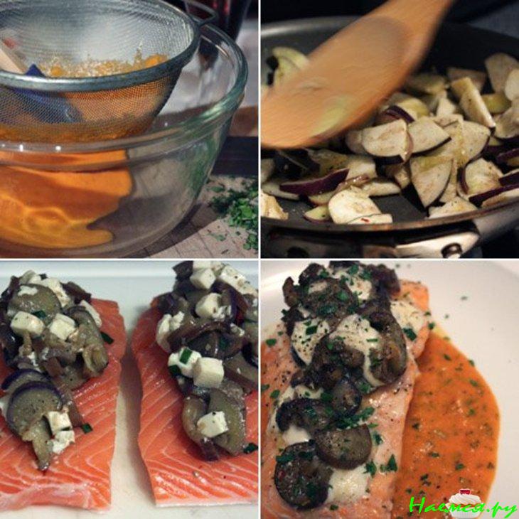 Лосось с баклажанами в сливочно-томатном соусе