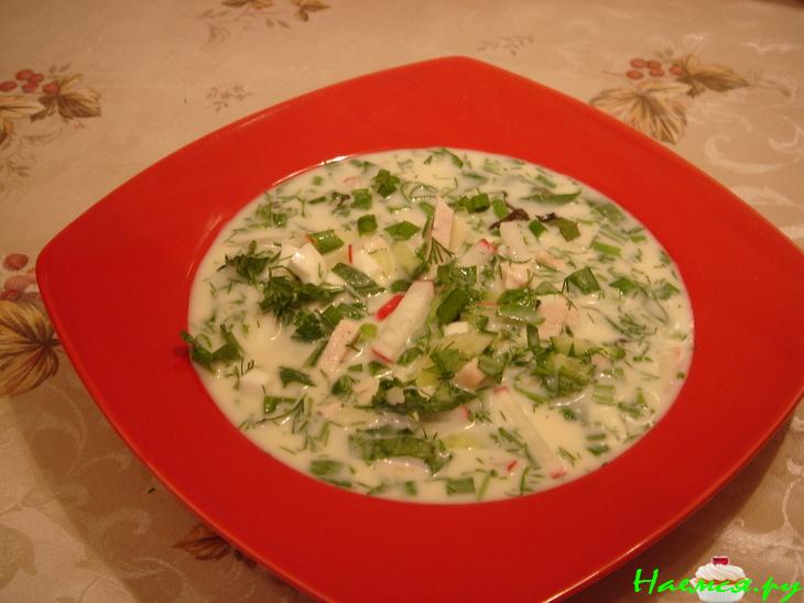 Окрошка на кефире с курицей и шпинатом