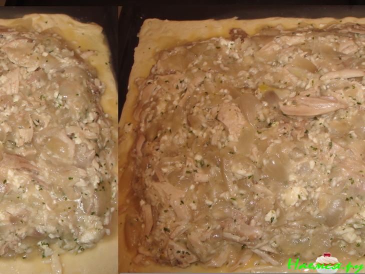 Пирог из слоёного теста с курицей луком и сыром Пирог из слоёного теста с курицей луком и сыром