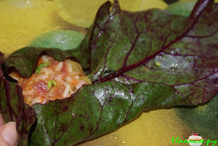 Маленькие голубцы в свекольных листьях