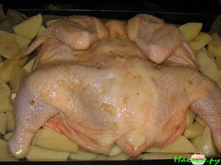 Курица запеченная с картошкой, шампиньонами и чесноком