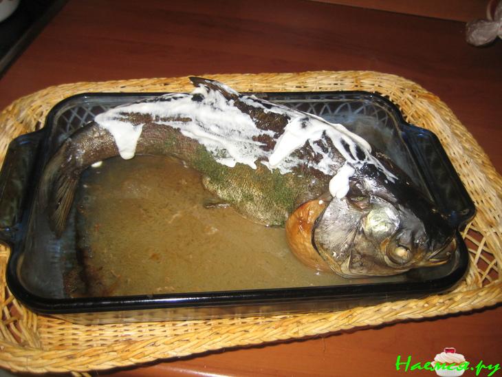 Запеченный толстолобик с мочеными яблоками