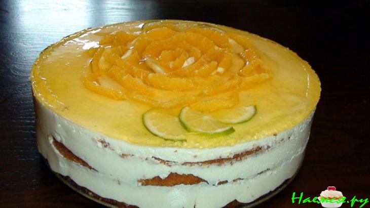 Торт «Апельсиновый» с твороженным суфле и миндально-цитрусовым бисквитом без муки  