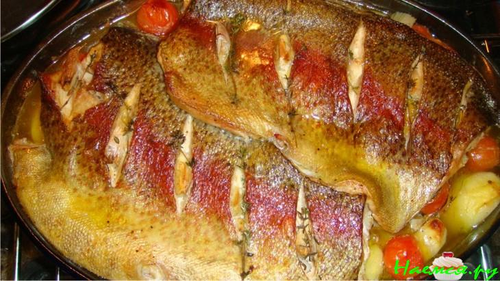 Форель, запеченная с чесночным картофелем и фенхелем