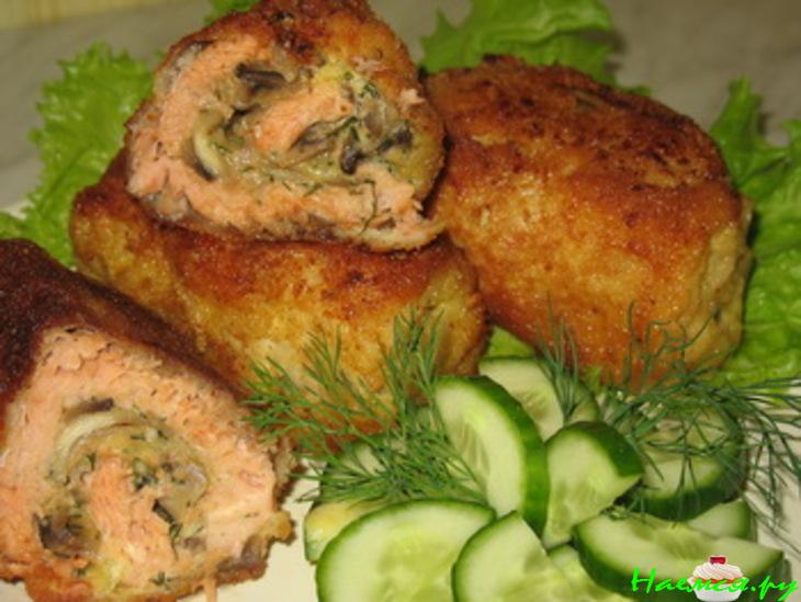 Рулетики рыбные с сырно-грибной начинкой