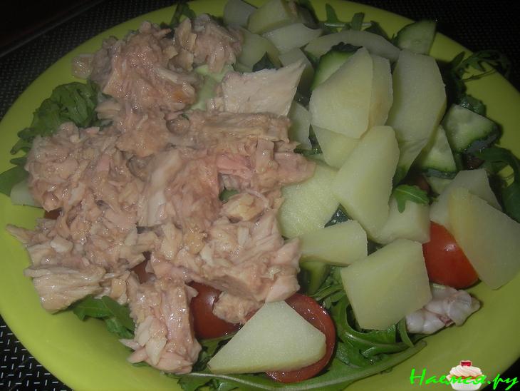 Салат с рукколой и тунцом с медово-горчичной заправкой