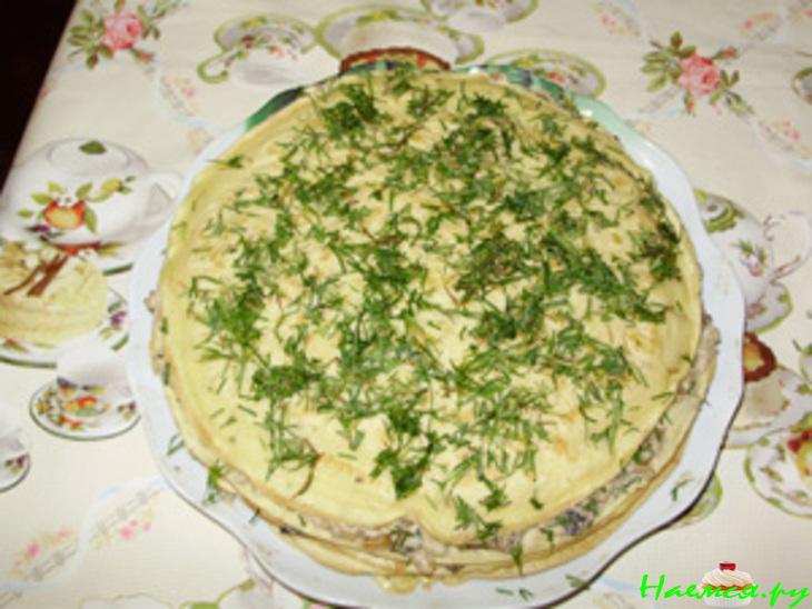 Тортик закусочный "Женский каприз" со свининой и шампиньонами Тортик закусочный "Женский каприз" со свининой и шампиньонами