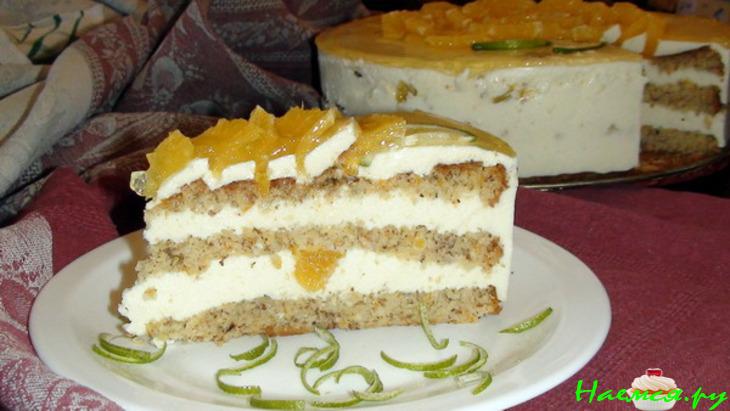 Торт «Апельсиновый» с твороженным суфле и миндально-цитрусовым бисквитом без муки  