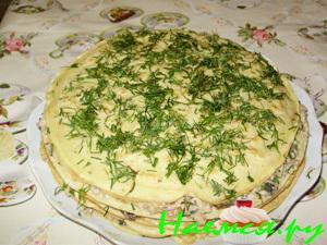 Тортик закусочный "Женский каприз" со свининой и шампиньонами Тортик закусочный "Женский каприз" со свининой и шампиньонами