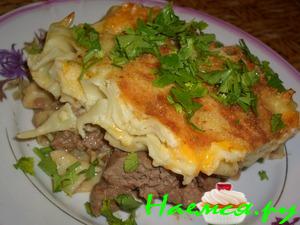 Запеканка из макарон, сыра и печени