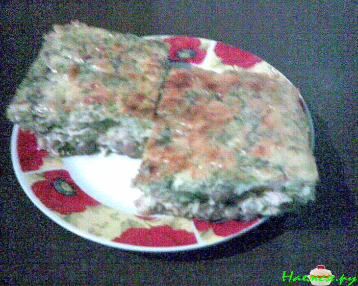 Легкий пирог - запеканка с капустой, шампиньонами и куриным мясом