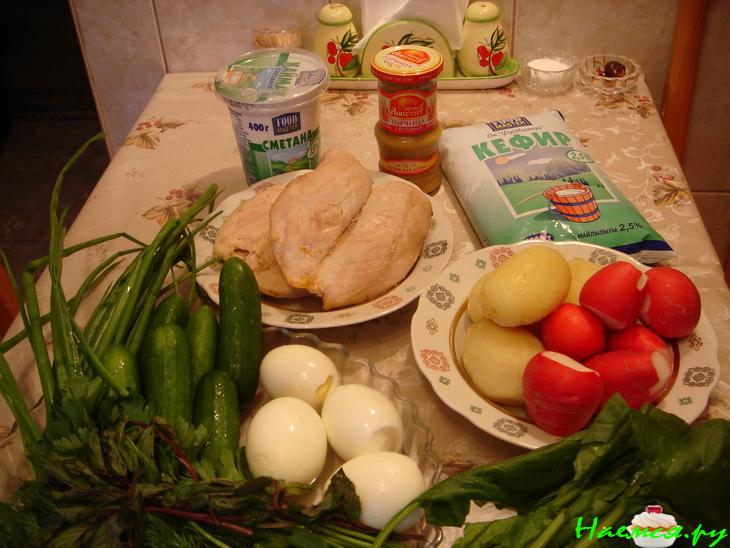 Окрошка на кефире с курицей и шпинатом