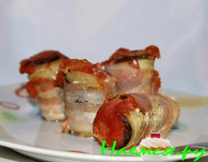Баклажановые рулетики запеченные с творогом и беконом Баклажановые рулетики запеченные с творогом и беконом