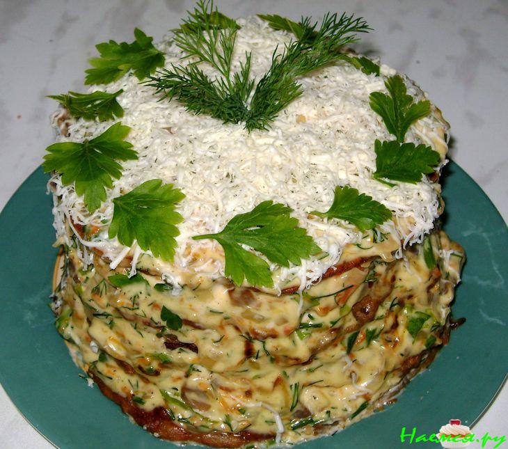 Печёночный торт с грибами